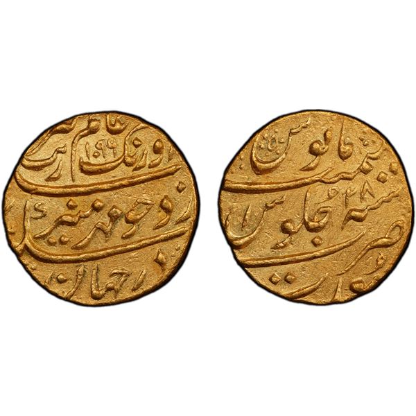 MUGHAL: Aurangzeb, 1658-1707, AV mohur (11.00g), Surat, AH1096 year 28, PCGS AU58