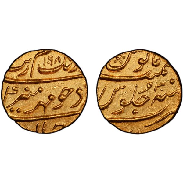 MUGHAL: Aurangzeb, 1658-1707, AV mohur (11.04g), Surat, AH1098 year 30, PCGS Unc details