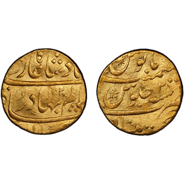 MUGHAL: Shah Alam Bahadur, 1707-1712, AV mohur (10.95g), Khujista Bunyad, AH1120 year 2, PCGS AU det
