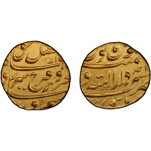 MUGHAL: Farrukhsiyar, 1713-1719, AV mohur (10.94g), Burhanpur, AH1125 year 1, NGC AU55