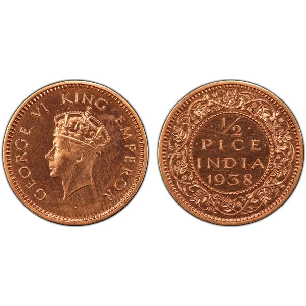BRITISH INDIA: George VI, 1936-1947, AE ½ pice, 1938(c), PCGS Proof 64 RD