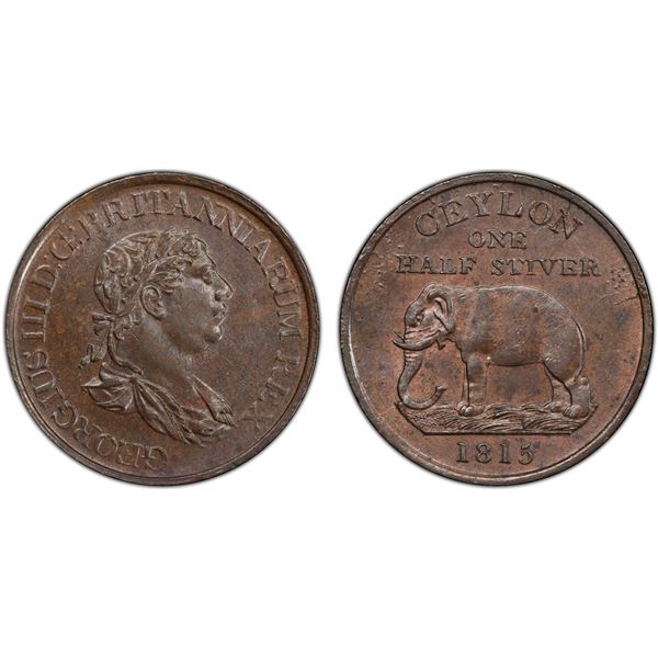 CEYLON: George III, 1760-1820, AE ½ stiver, 1815, PCGS MS64 BN