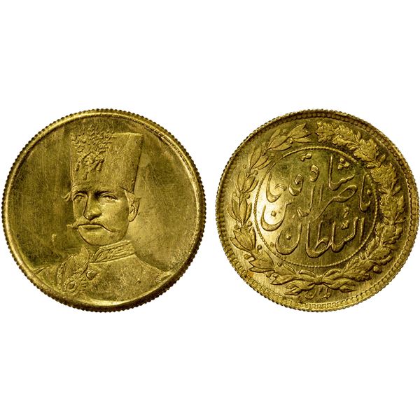 IRAN: Nasir al-Din Shah, 1848-1896, AV 5000 dinars (1.49g), Tehran, ND, Unc