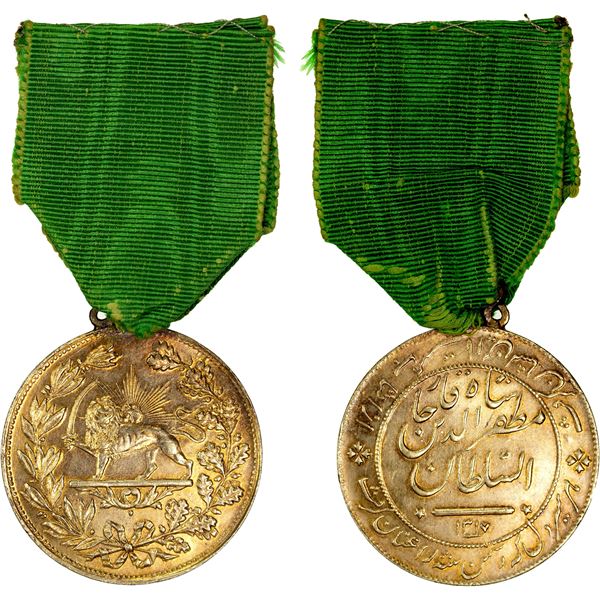 IRAN: Muzaffar al-Din Shah, 1896-1907, gilt AR medal, AH1317, EF