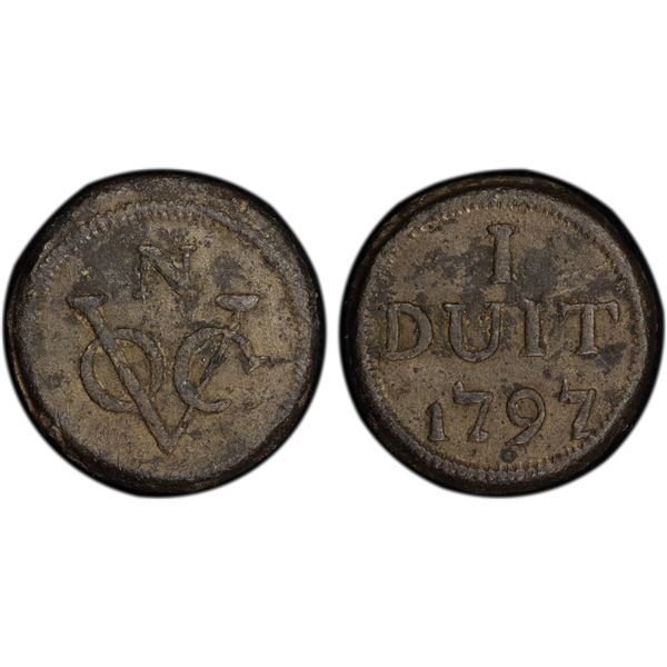 NETHERLANDS EAST INDIES: Batavian Republic, tin duit (5.37g), Java, 1797, PCGS AU details