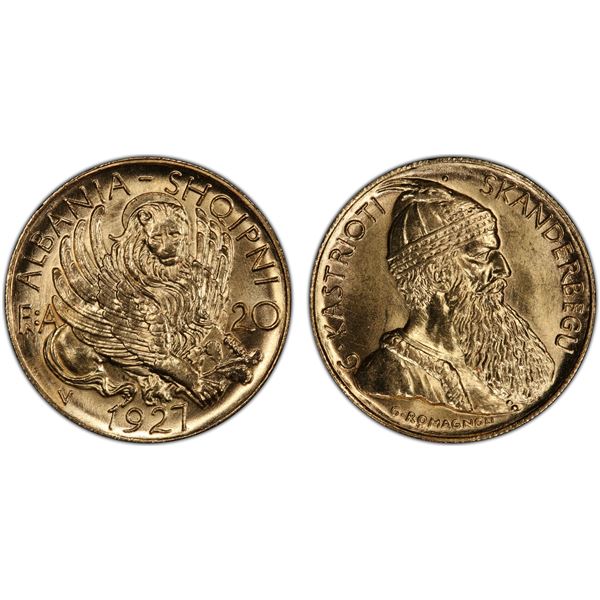 ALBANIA: Zog I, 1928-1939, AV 20 franga ari, 1927, PCGS MS65