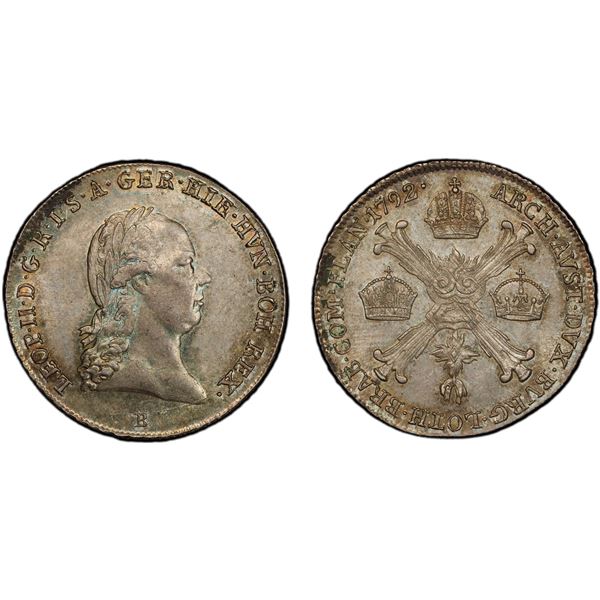 AUSTRIAN NETHERLANDS: Leopold II, 1790-1792, AR ¼ kronenthaler, Kremnitz, 1792-B, PCGS MS63