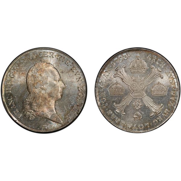AUSTRIAN NETHERLANDS: Franz II, 1792-1835, AR kronenthaler, 1793-A, PCGS MS62 +