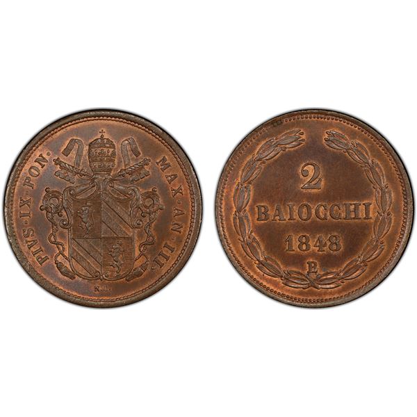 PAPAL STATES: Pius IX, 1846-1870, AE 2 baiocchi, 1848-B year III, PCGS MS64 BN
