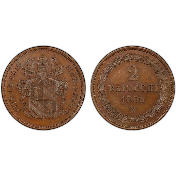 PAPAL STATES: Pius IX, 1846-1870, AE 2 baiocchi, 1850-R year V, PCGS MS64 BN