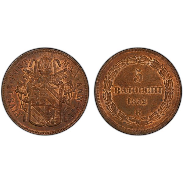 PAPAL STATES: Pius IX, 1846-1870, AE 5 baiocchi, 1852-R year VII, PCGS MS63 RB