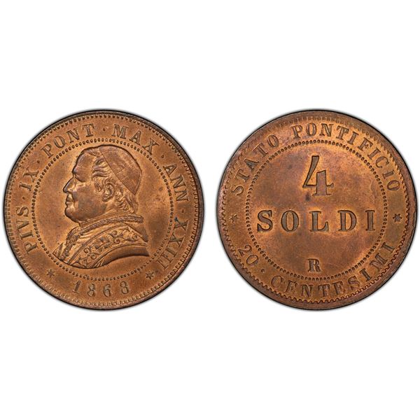 PAPAL STATES: Pius IX, 1846-1870, AE 4 soldi, 1868-R year XXIII, PCGS MS64 RD