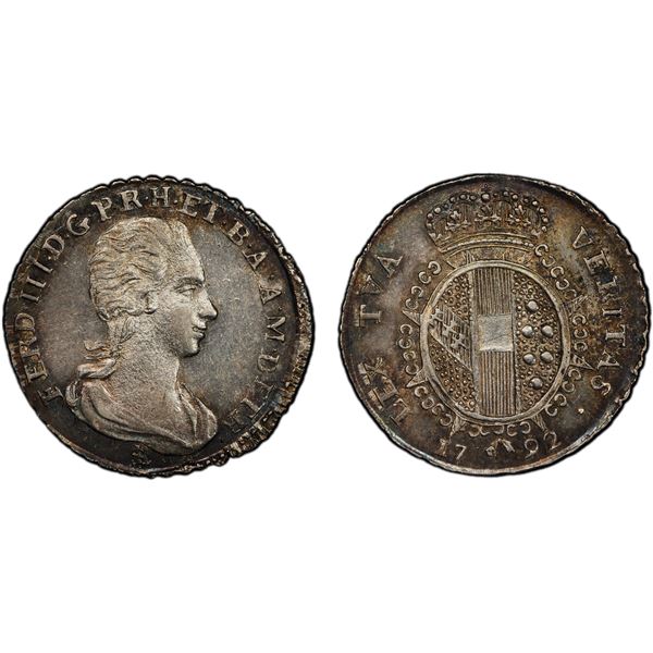 TUSCANY: Ferdinando III, 1790-1801, AR ½ paolo, 1792, PCGS MS64