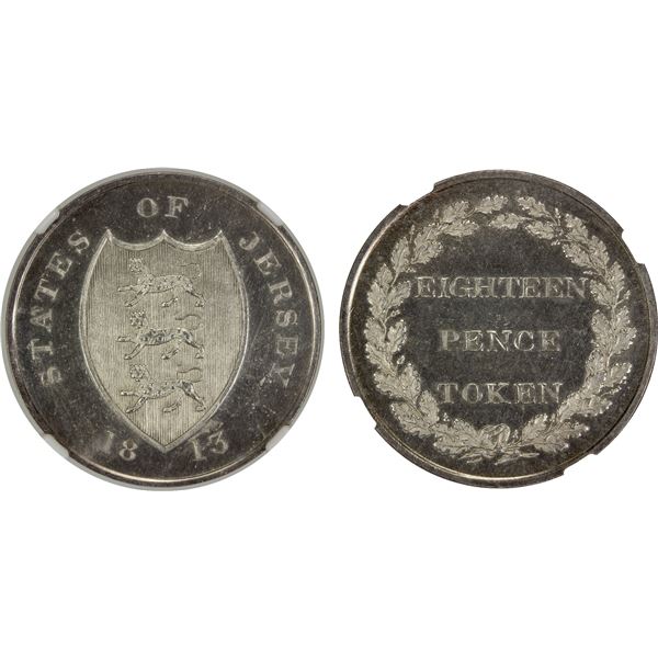 JERSEY: George III, 1760-1820, AR 18 pence token, 1813, NGC Proof 64