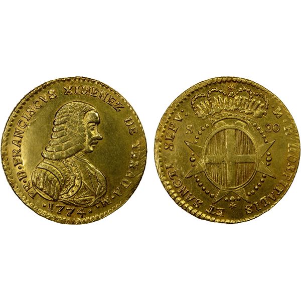 MALTA: Francisco Jimenez de Texada, 1773-1775, AV 20 scudi, 1774, Choice EF