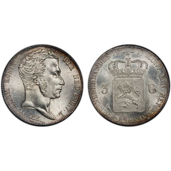 NETHERLANDS: Willem I, 1815-1840, AR 3 gulden, 1821, NGC MS63