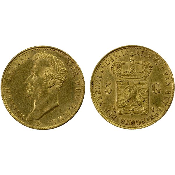 NETHERLANDS: Willem I, 1815-1840, AV 5 gulden, 1827-B, EF