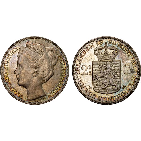 NETHERLANDS: Wilhelmina, 1890-1948, AR 2½ gulden, 1898, Choice EF