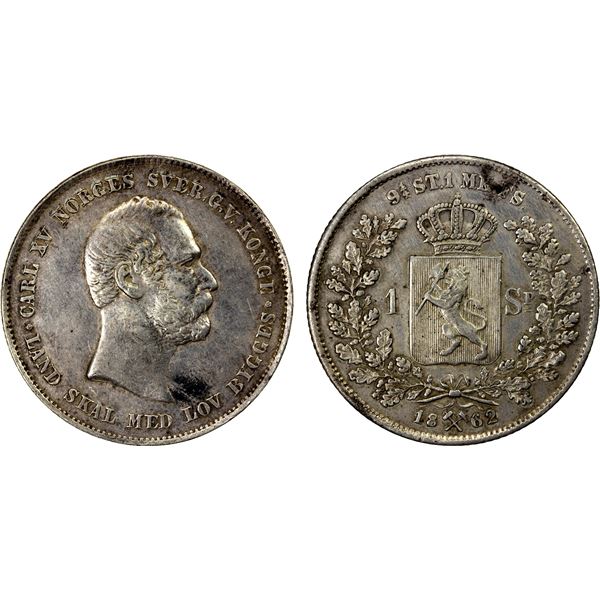 NORWAY: Carl XV, 1859-1872, AR specie daler, 1862, VF-EF