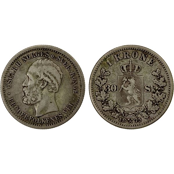 NORWAY: Oscar II, 1872-1907, AR krone/30 skilling, 1875, F-VF