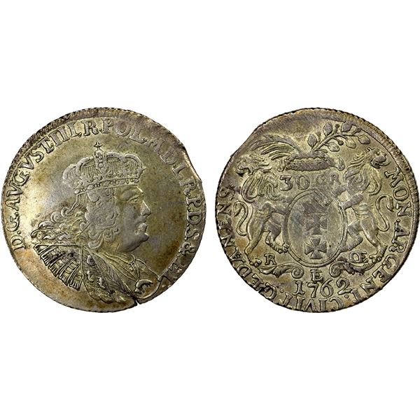 POLAND: DANZIG: August III, 1733-1763, AR 30 groszy, 1762, EF-AU