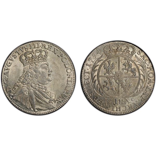 POLAND: August III, 1734-1763, AR ort (18 groszy), Lipsk (Leipzig), 1754, PCGS MS63
