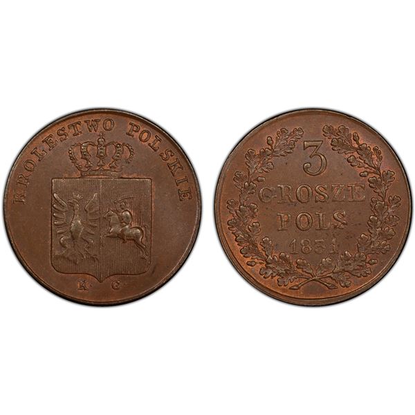POLAND: November Uprising, 1830-1831, AE trojak (3 grosze), Warszawa, 1831, PCGS MS64 BN