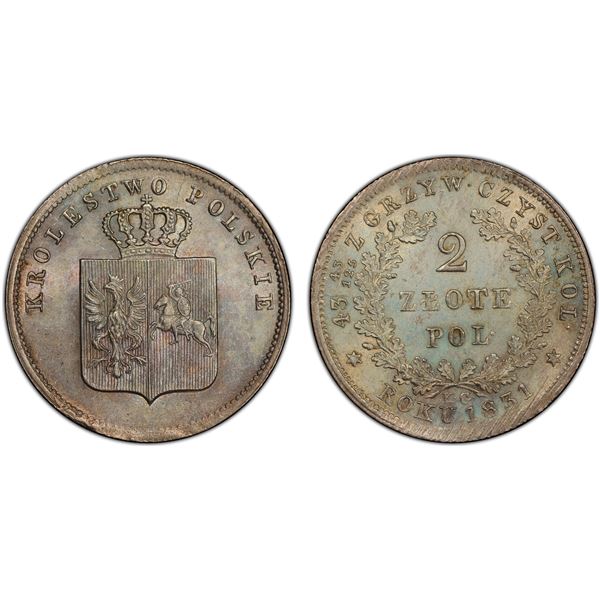 POLAND: November Uprising, 1830-1831, AR 2 zlote, Warszawa, 1831, PCGS MS63