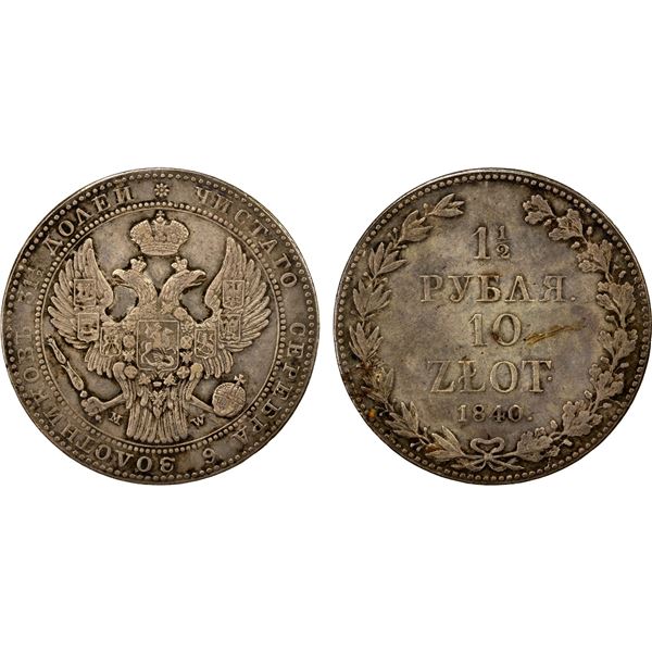POLAND: Nicholas I, 1825-1855, AR 10 zlotych - 1 1/2 rubles, 1840-MW, Choice VF