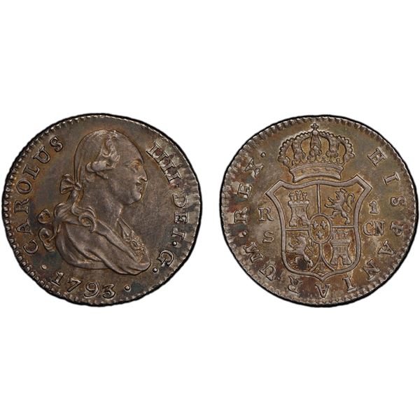 SPAIN: Carlos IV, 1788-1808, AR real, Sevilla, 1793, PCGS Unc details