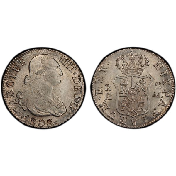 SPAIN: Carlos IV, 1788-1808, AR 2 reales, Madrid, 1808-M, PCGS MS64