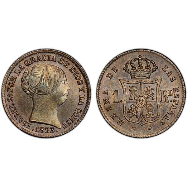 SPAIN: Isabel II, 1833-1868, AR real, Barcelona, 1853, PCGS MS66