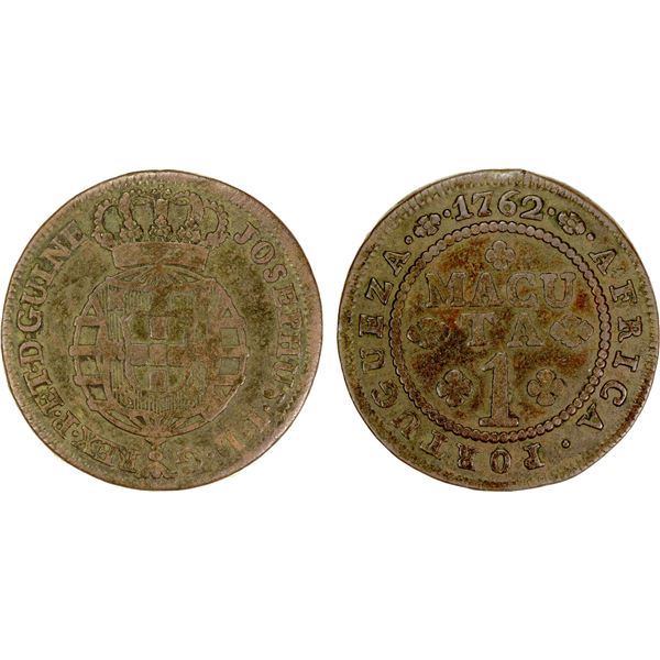 ANGOLA: Jose I, 1750-1777, AE macuta, 1762, Fine