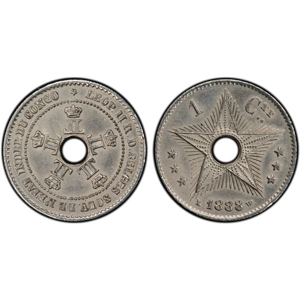 BELGIAN CONGO: Leopold II, 1885-1909, 1 centime, 1888, KM-Pn8, copper-nickel, PCGS Specimen 62