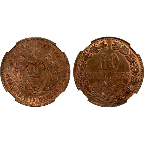 MADAGASCAR: Ranavalona III, 1883-1897, AE 10 centimes, 1883, NGC MS63 RB
