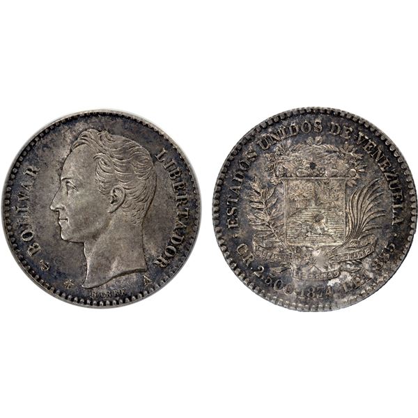 VENEZUELA: Republic, AR 10 centavos, 1874-A, PCGS MS62