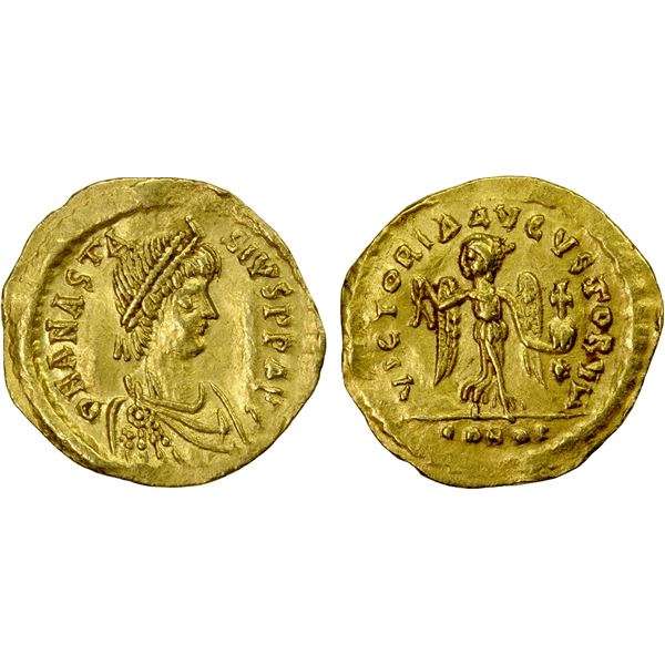 BYZANTINE EMPIRE: Anastasius I, 491-518, AV tremissis (1.44g), Constantinople, Choice VF