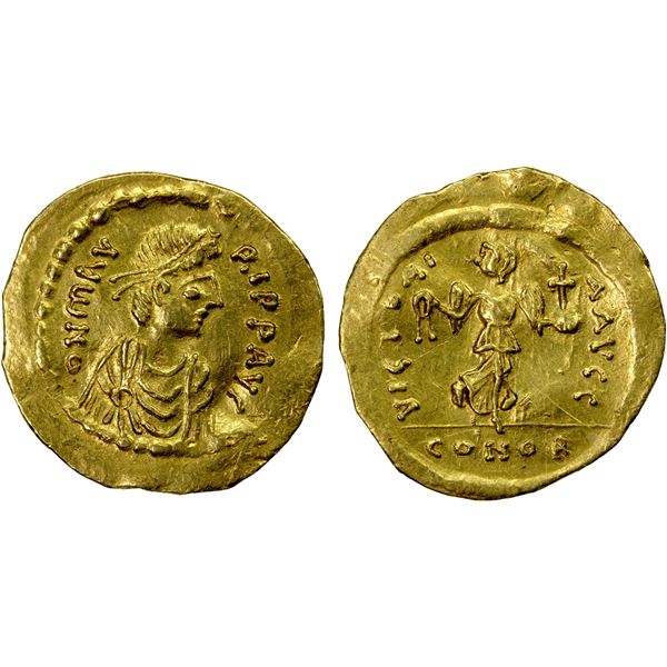 BYZANTINE EMPIRE: Maurice Tiberius, 582-602, AV semissis (2.16g), Constantinople, EF