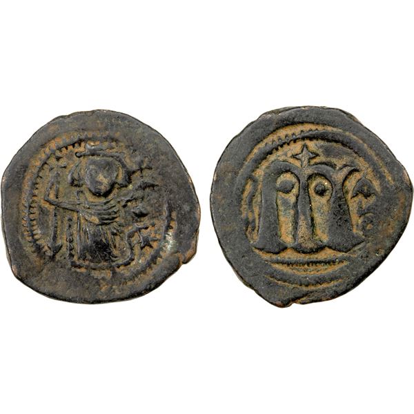 ARAB-BYZANTINE: Standing Emperor, ca. 680s-700s, AE fals (3.89g), "pseudo-Damascus", ND, VF-EF