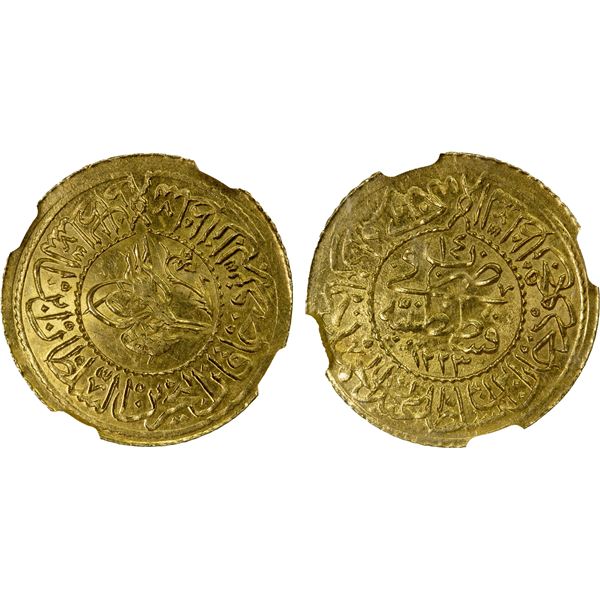 TURKEY: Mahmud II, 1808-1839, AV new rumi altin, Kostantiniye, AH1223 year 14, NGC MS64
