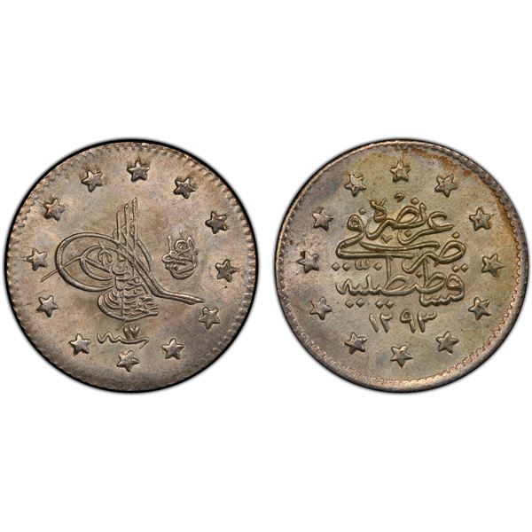 TURKEY: Abdul Hamid II, 1876-1909, AR kurush, Kostantiniye, AH1293 year 17, PCGS MS65
