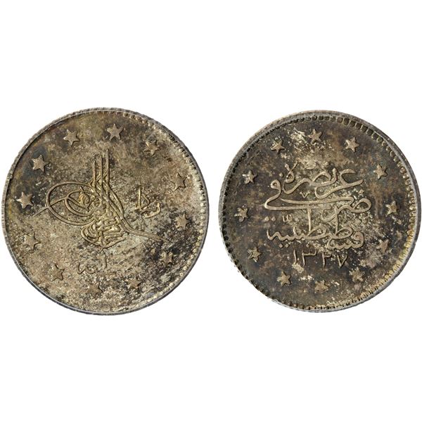 TURKEY: Mehmet V, 1909-1918, AR kurush, Kostantiniye, Ah1327 year 1, PCGS MS66