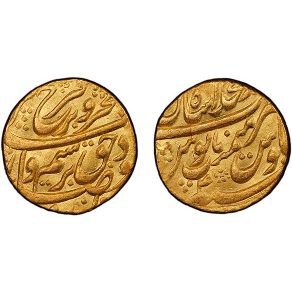 MUGHAL: Farrukhsiyar, 1713-1719, AV mohur (10.88g), Shahjahanabad, AH1128 year 4, PCGS AU details
