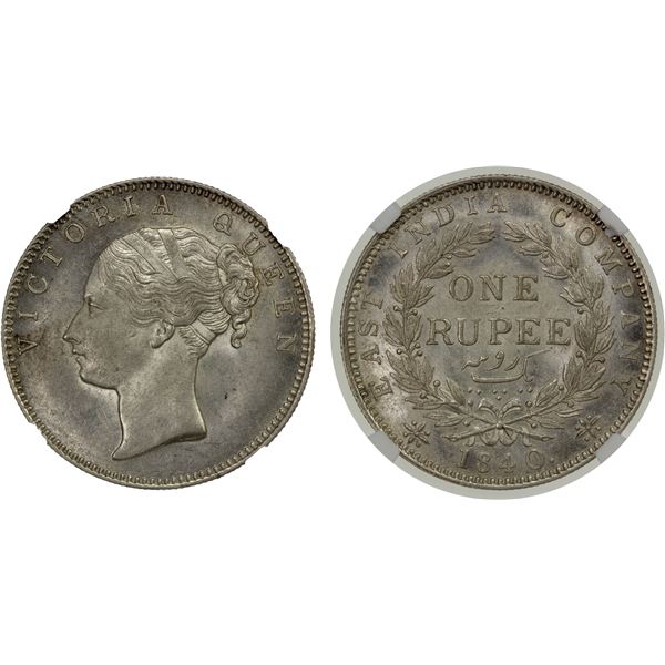BRITISH INDIA: Victoria, Queen, 1837-1876, AR rupee, 1840(b/c), NGC MS63