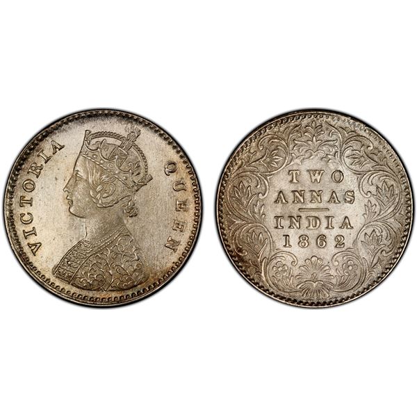 BRITISH INDIA: Victoria, Queen, 1837-1876, AR 2 annas, 1862(c), PCGS MS66