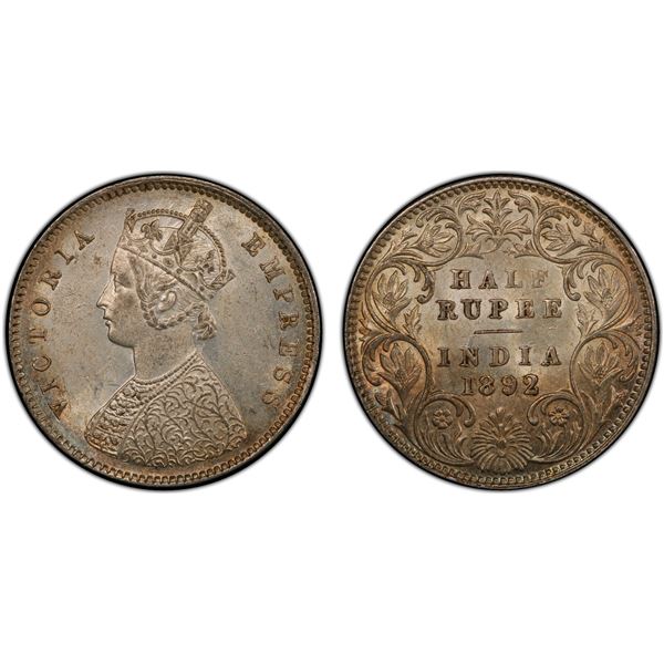 BRITISH INDIA: Victoria, Empress, 1876-1901, AR ½ rupee, 1892-B, PCGS MS61