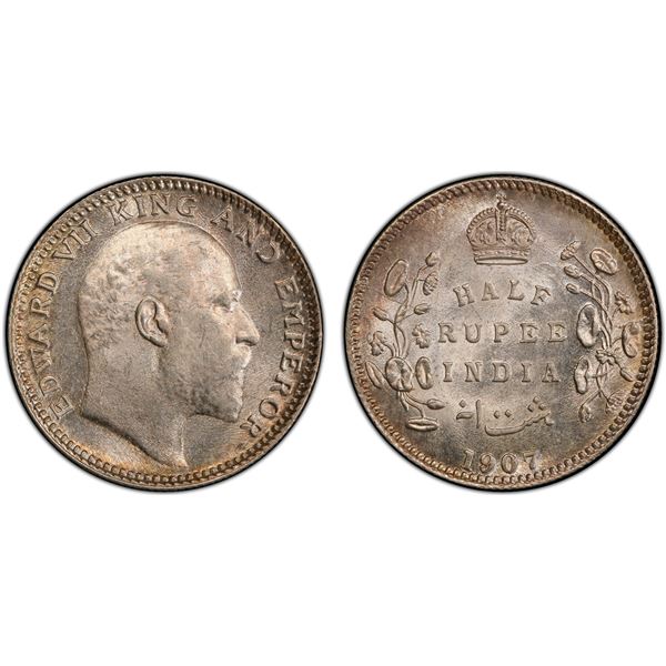 BRITISH INDIA: Edward VII, 1901-1910, AR ½ rupee, 1907(c), PCGS MS63