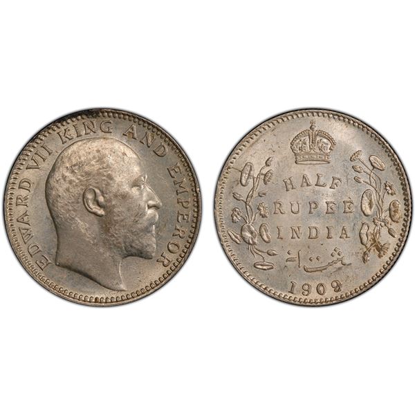 BRITISH INDIA: Edward VII, 1901-1910, AR ½ rupee, 1909(c), PCGS MS63