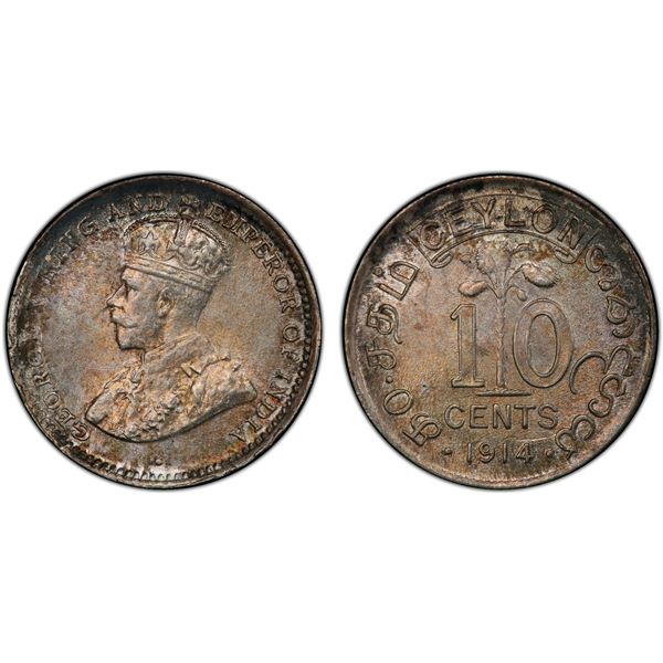CEYLON: George V, 1910-1936, AR 10 cents, 1914, PCGS MS64