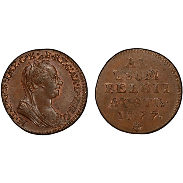 AUSTRIAN NETHERLANDS: Maria Theresia, 1740-1780, AE liard, Brussels, 1777, PCGS MS64 BN